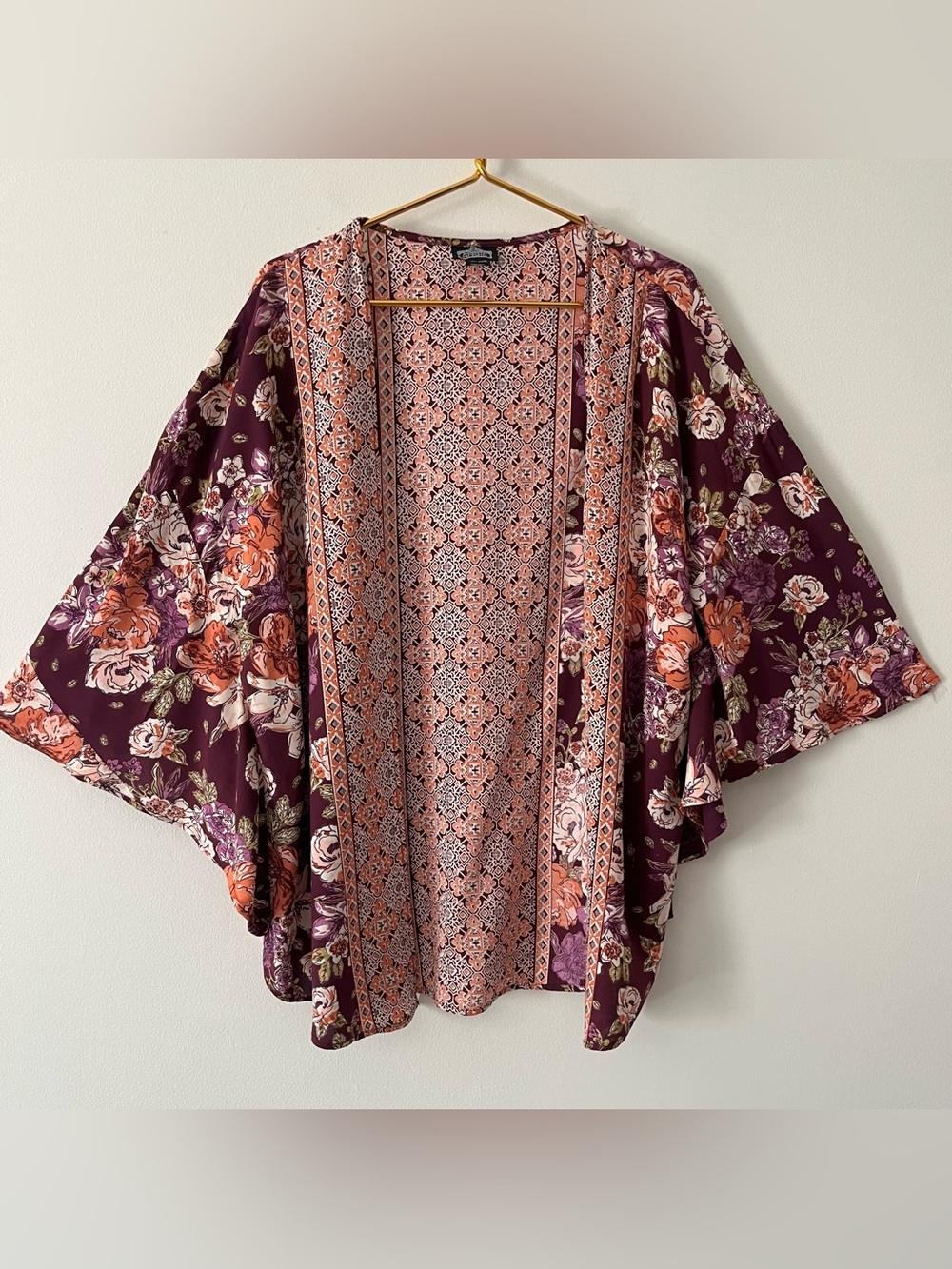 Angie Plum Coral Cream Floral Open-Front Kimono Boho Lightweight Layering Fall L